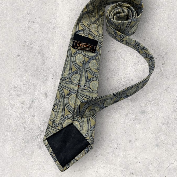 SERICA XL Gold/Blue/Silver Paisley Silk LUXURY Tie HANDMADE ITALY - Picture 2 of 6